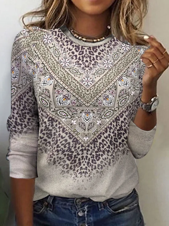 Casual Ethnic Crew Neck Long Sleeve T-shirt