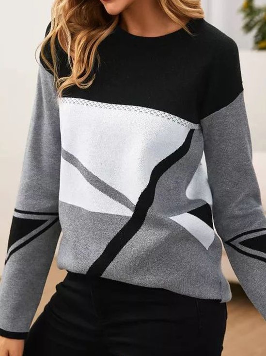 Women Yarn/Wool Yarn Geometric Long Sleeve Comfy Casual Sweater