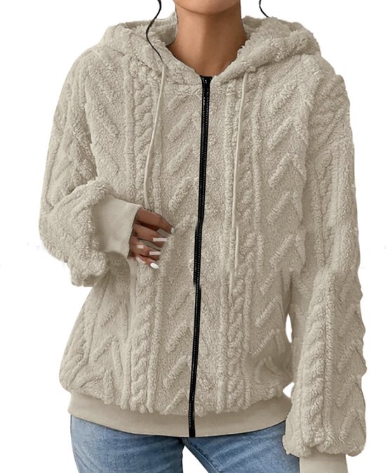 Long Sleeve Plain Zipper Fleece Loose Hooded Teddy Jacket For Women