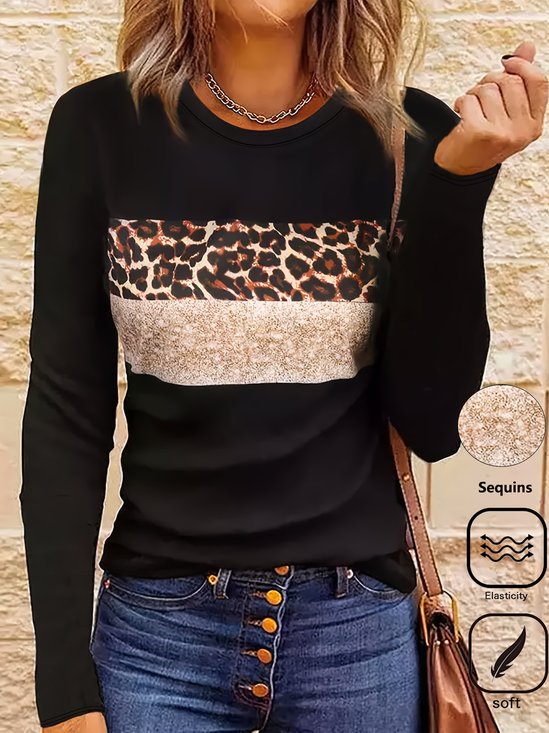 Casual Color Block Crew Neck Long Sleeve T-shirt