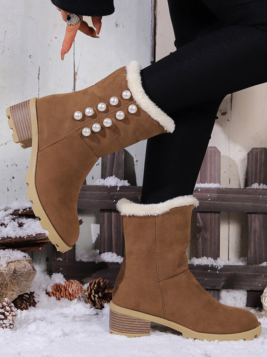 Casual Plain Non-Slip Slip On Block Heel Snow Boots Pearl