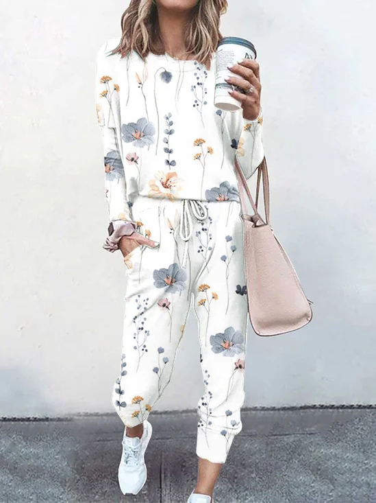 Women Floral Print Long Sleeve Comfy Casual Top With Pants Two-Piece Set