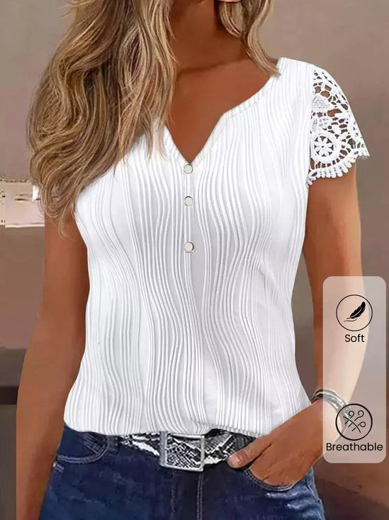 Notched Short Sleeve Plain Lace Regular Micro-Elasticity Loose Shirt For Women