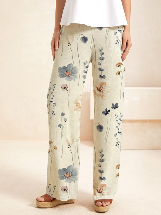 Women Casual Linen Floral Print Long Loose Pants