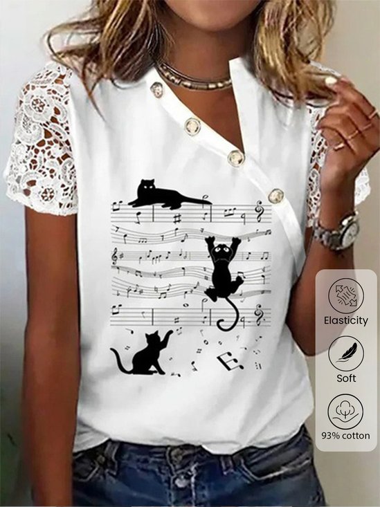 Asymmetrical Collar Long Sleeve Cat Lace Regular High Elasticity Loose Shirt For Women