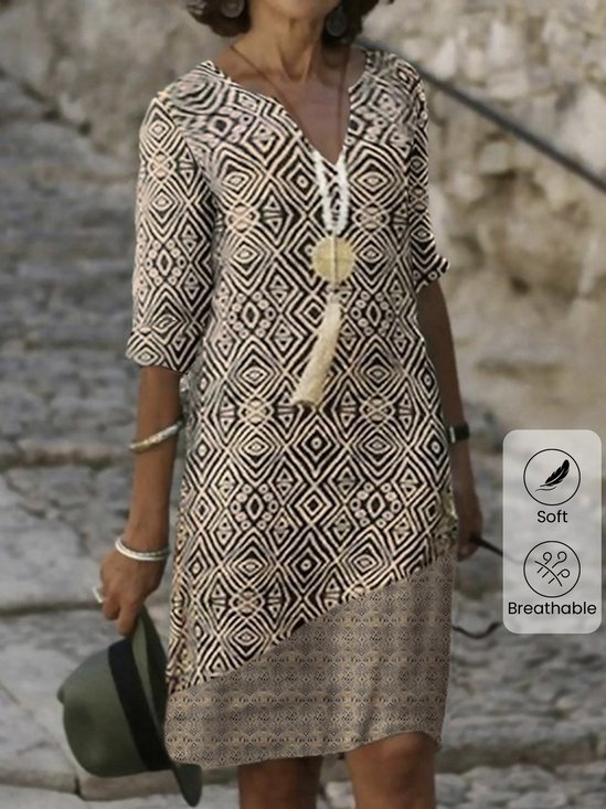 Women Ethnic V Neck Half Sleeve Comfy Casual Midi Dress