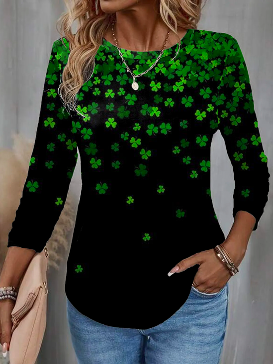 Casual St. Patrick's Day Four-leaf Clover Crew Neck Three Quarter Sleeve T-shirt