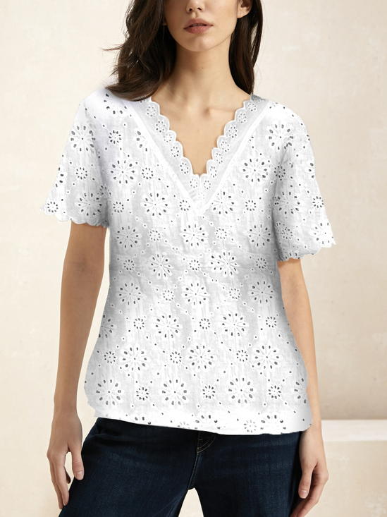 Women's Casual Cotton Plain V Neck Short Sleeve Lace Loose T-shirt