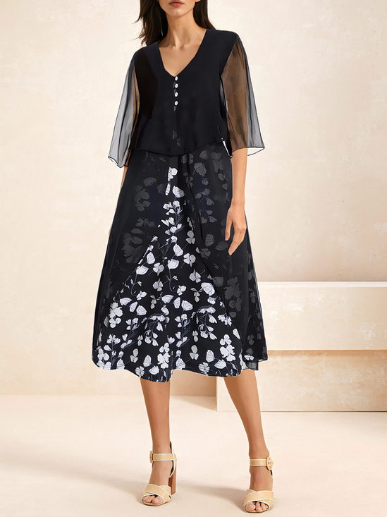 Women's Elegant Floral Chiffon Patchwork Comfy Casual Midi Dress
