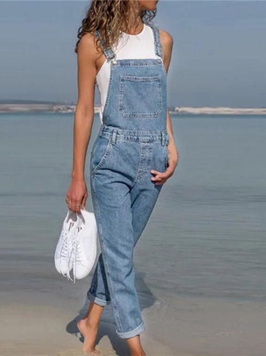 Women Denim Long Sleeve Spaghetti Loose Long Daily Casual Plain Overall Jumpsuits