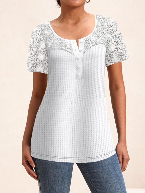 Women Lace Crew Neck Short Sleeve Plain Regular Micro-Elasticity Loose Shirt