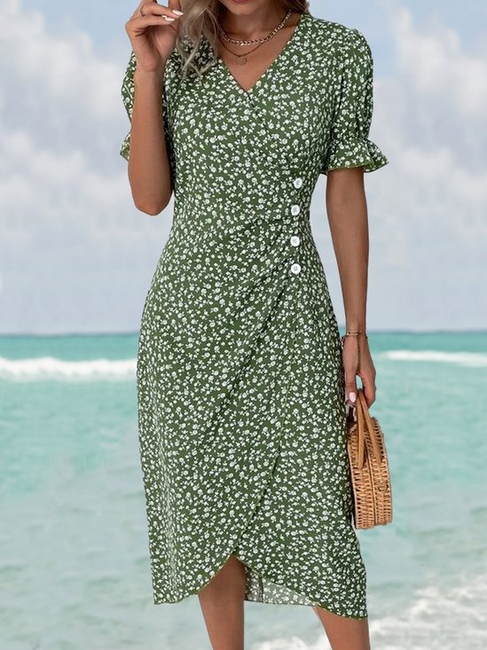 Women Vacation Floral Print V Neck Button Dress