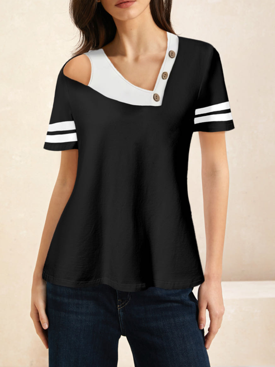 Asymmetrical Short Sleeve Black And White Colorblock Regular High Elasticity Loose Shirt For Women
