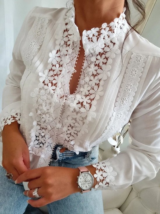 Stand Collar Long Sleeve Plain Lace Regular Loose Blouse For Women