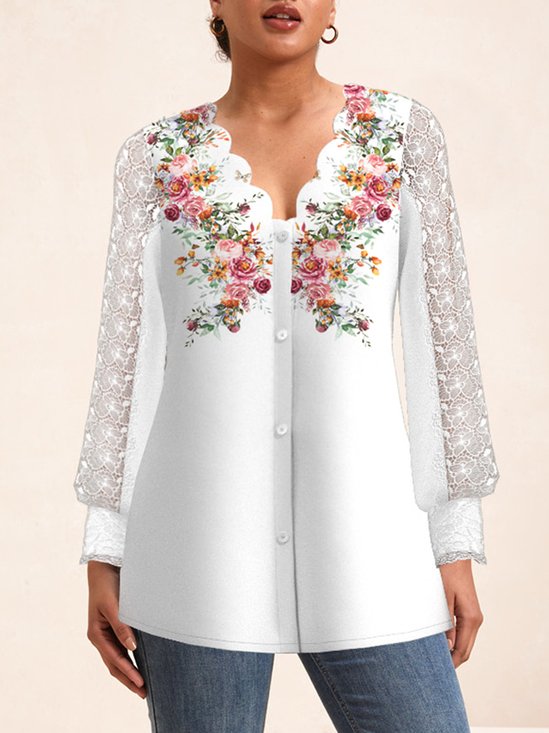 Lace Collar Long Sleeve Floral Buckle Regular Loose Blouse For Women