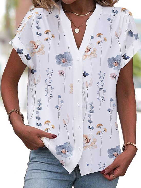 Buttoned Floral Loose Casual Blouse