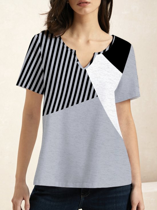 Women Casual Striped Notched Colorblock Short Sleeve T-shirt
