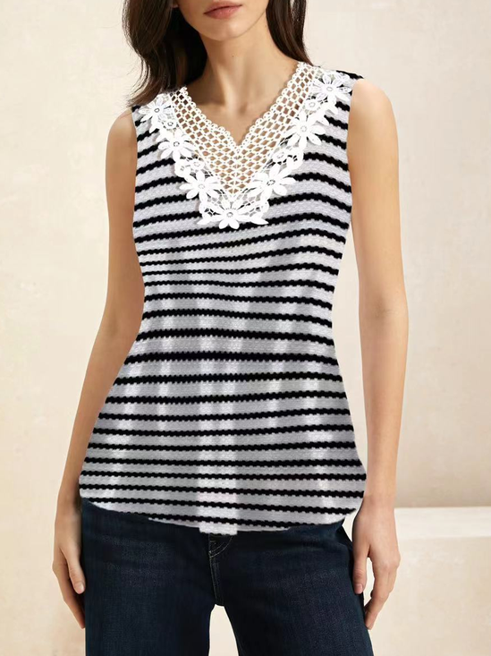 Women's Casual Lace Collar Striped Tank Top