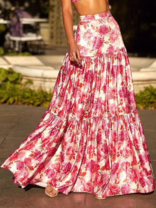 Boho Floral H-Line Natural Maxi Skirt