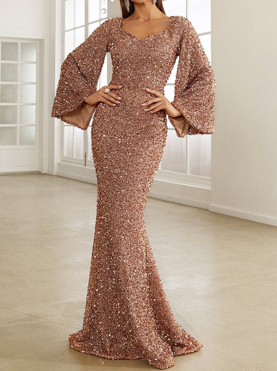 Women Plain V Neck Long Sleeve Glitter Mermaid Hem Prom Maxi Dress