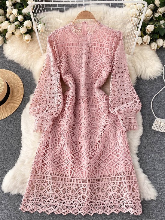 Women Plain Stand Collar Long Sleeve Comfy Casual Lace Midi Dress