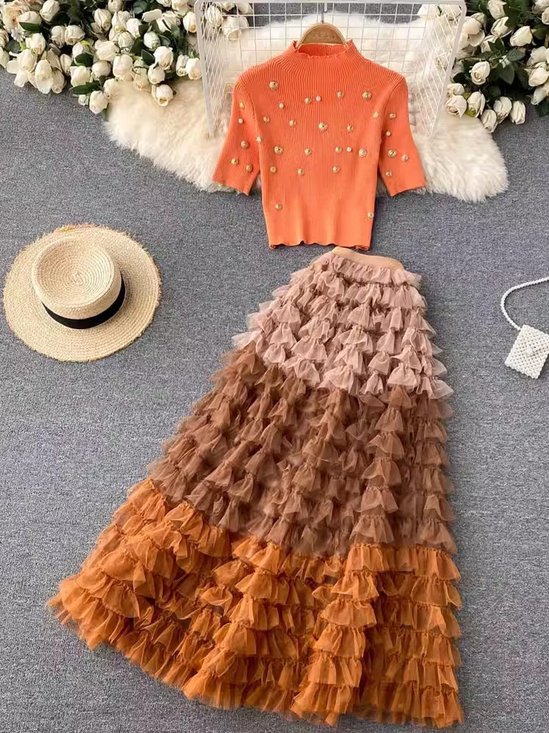 Women Plain Crew Neck Short Sleeve Comfy Casual Beaded Top With Skirt Two-Piece Set