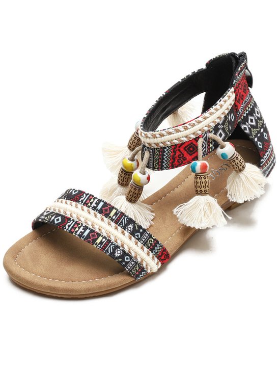 Boho Ethnic Slip On Flat Heel Ankle Strap Sandals Tassel