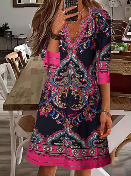 Women Ethnic Notched Half Sleeve Comfy Casual Short Dress