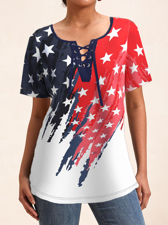 Cross Neck Short Sleeve America Flag Regular Micro-Elasticity Loose Shirt For Women