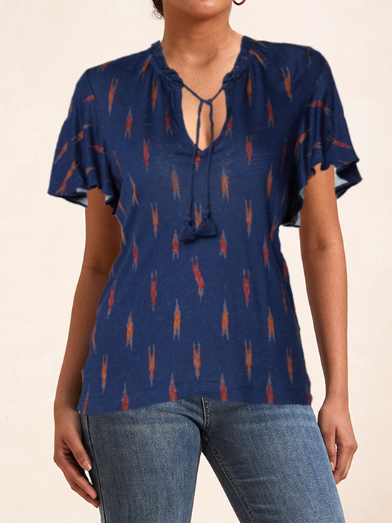 V Neck Short Sleeve Ethnic Tassel Regular Micro-Elasticity Loose Shirt For Women