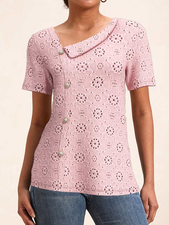 Lapel Collar Short Sleeve Plain Regular Loose Shirt For Women