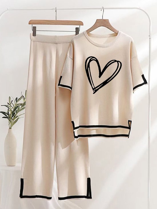 Women Heart/Cordate Crew Neck Short Sleeve Comfy Casual Top With Pants Two-Piece Set