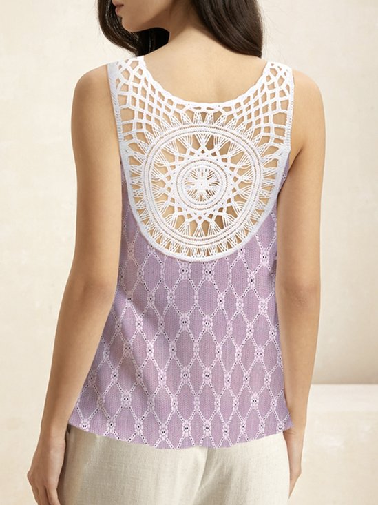 Casual V Neck Geometric Tank Top Lace