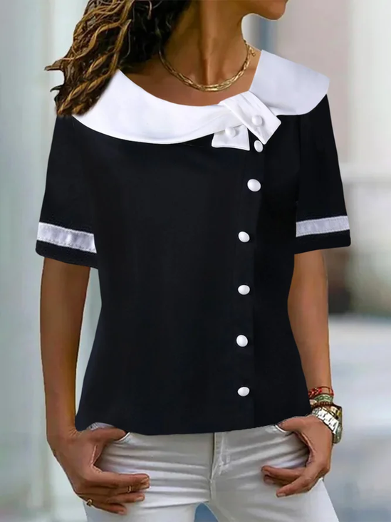 Shawl Collar Short Sleeve Black And White Colorblock Buckle Regular High Elasticity Loose Shirt For Women