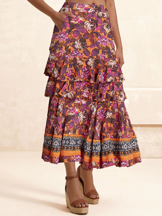 Casual Floral S-Line Natural Maxi Skirt