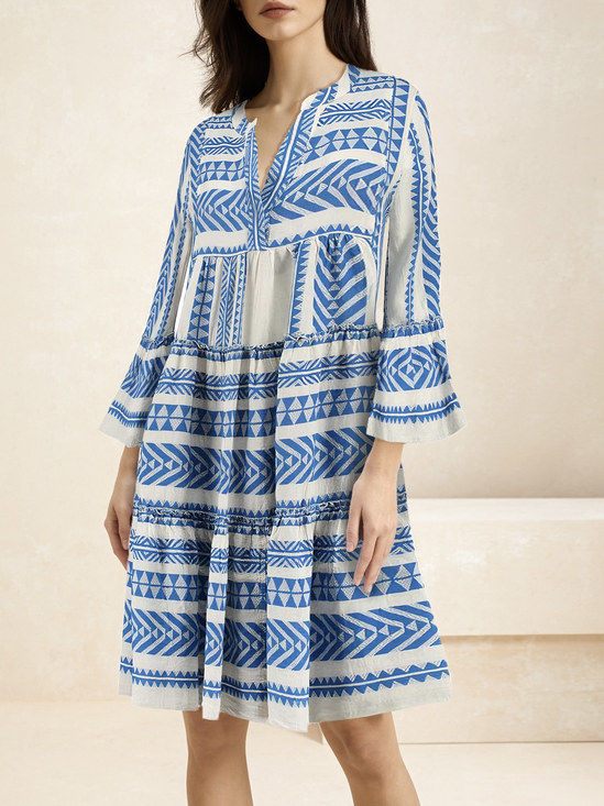 Women Ethnic Geometry V Neck Long Sleeve Comfy Casual Short Dress