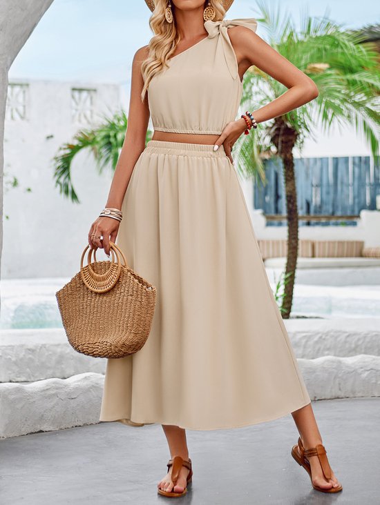 Women Plain One Shoulder Sleeveless Comfy Casual Top With Skirt Two-Piece Set