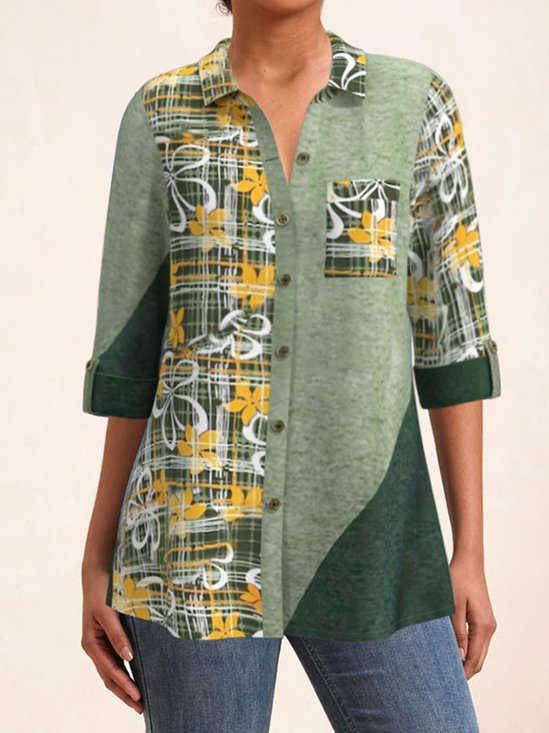 Shirt Collar Half Sleeve Floral Regular Micro-Elasticity Loose Blouse For Women