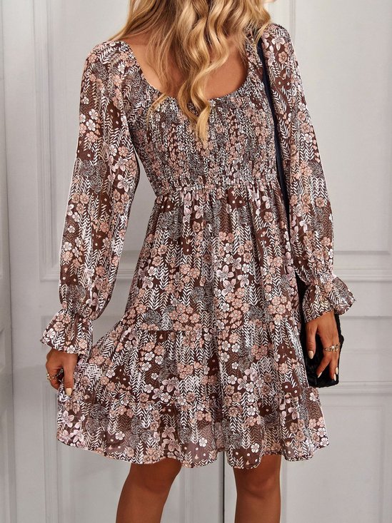 Women Small Floral Crew Neck Long Sleeve Comfy Casual Short Dress