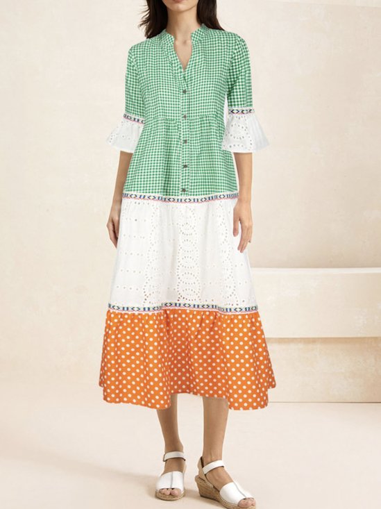 Women Polka Dots Shirt Collar Half Sleeve Comfy Vacation Lace Maxi Dress