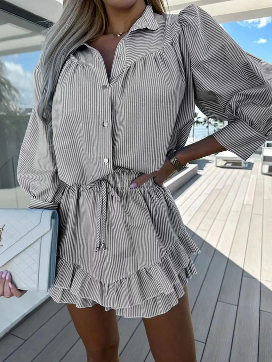 Women Striped Shirt Collar Three Quarter Sleeve Comfy Casual Top With Pants Two-Piece Set