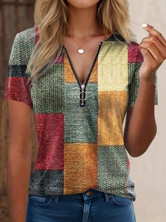 Casual Multicolor Block V Neck Short Sleeve T-shirt
