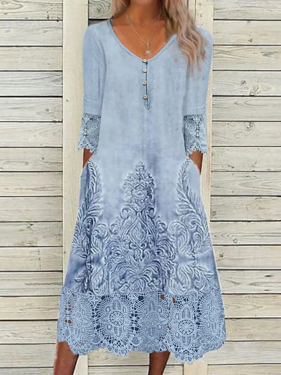 Women Random Print Asymmetrical Long Sleeve Comfy Casual Lace Maxi Dress