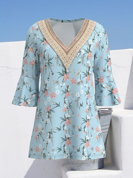 V Neck Short Sleeve Floral Lace Regular Loose Shirt For Women