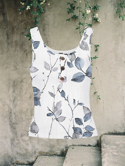 Casual Crew Neck Floral Tank Top Buckle