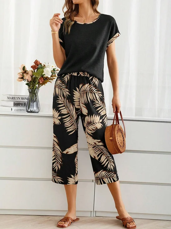 Women Palm Leaf Crew Neck Short Sleeve Comfy Casual Top With Pants Two-Piece Set