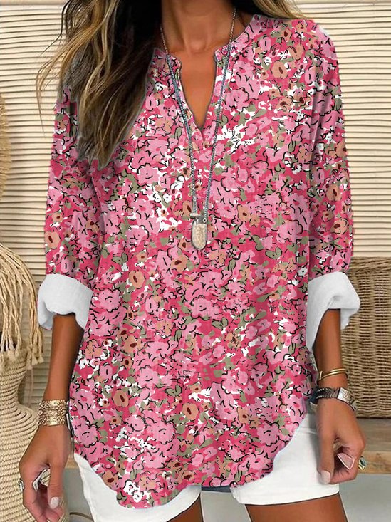 Notched Long Sleeve Small Floral Regular Loose Shirt For Women