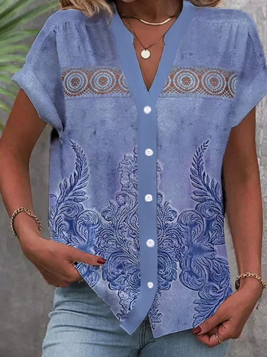 Shirt Collar Short Sleeve Ethnic Patterns Lace Regular Loose Blouse For Women