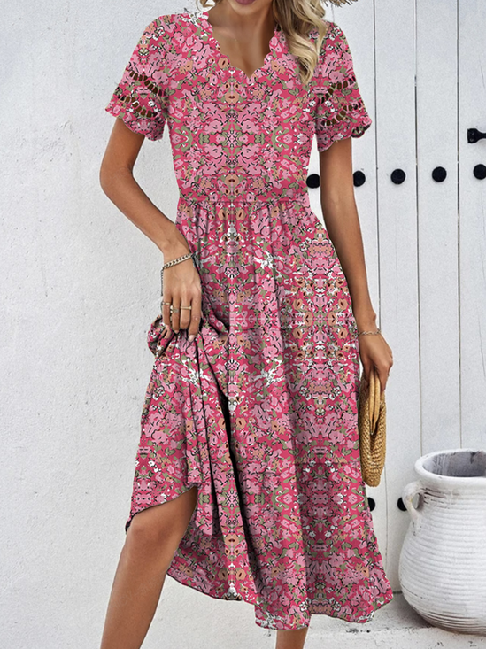 Women Small Floral Lace Collar Short Sleeve Comfy Casual Midi Dress
