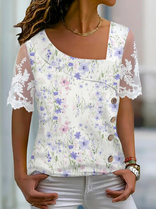 Casual Disty Floral Asymmetrical Short Sleeve T-shirt